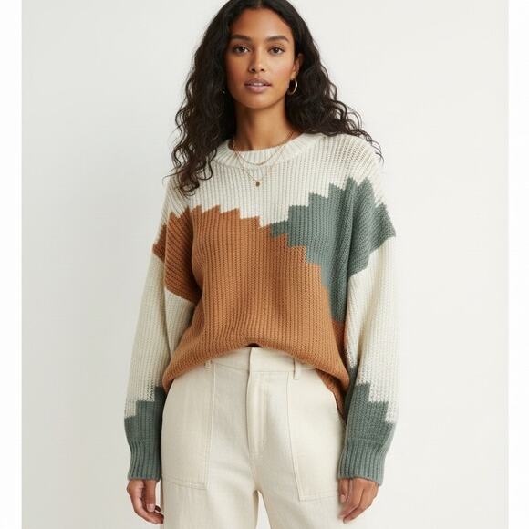 North End Colorblock Chunky Knit Sweater Womens L Multicolor Cozy Southwestern - Picture 1 of 8